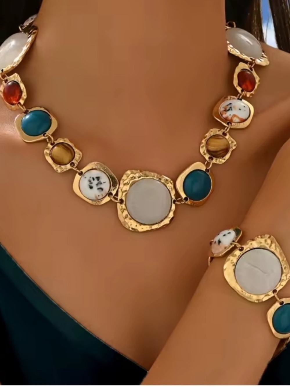 Gold Mosaic Multicolor Stone Necklace & Bracelet Set - Picture 2 of 4